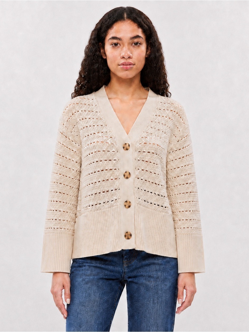 Gap cotton crochet split hem 24/7 cardigan Large neutral Pointelle